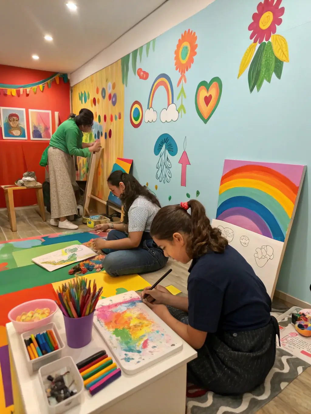 A resident working on a painting during an art therapy session, with a therapist offering guidance and encouragement at La Compassion.