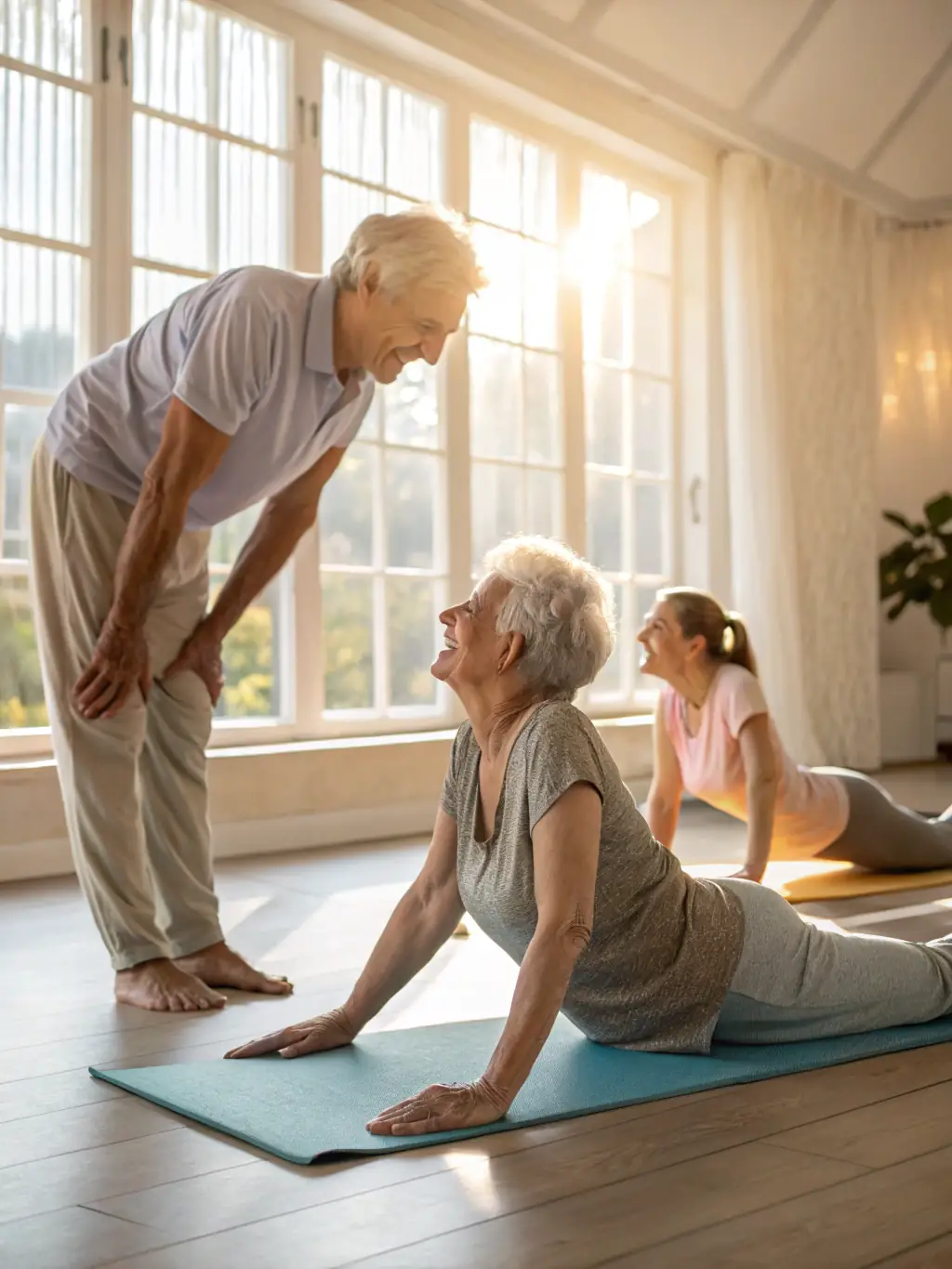 A group of elderly residents participating in a gentle chair yoga session, led by a qualified instructor, in a bright and airy room at La Compassion retirement home.