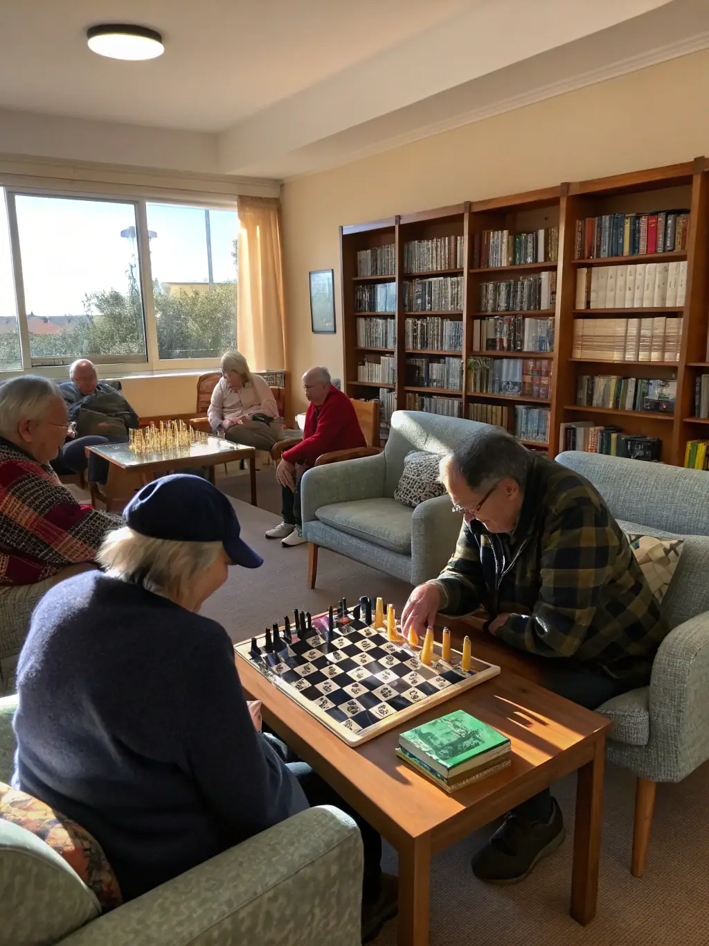 A scene of residents playing board games and socializing in a comfortable lounge area, fostering camaraderie and mental stimulation at La Compassion.