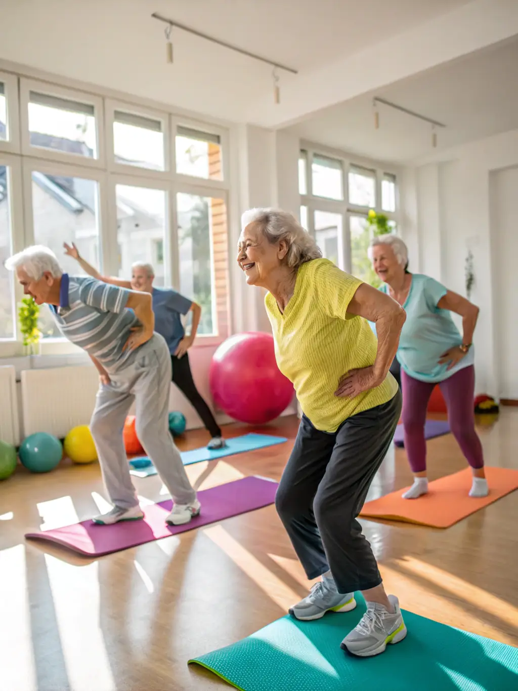 A group of senior residents participating in a gentle exercise class, led by a qualified instructor, in a bright and spacious room at La Compassion.