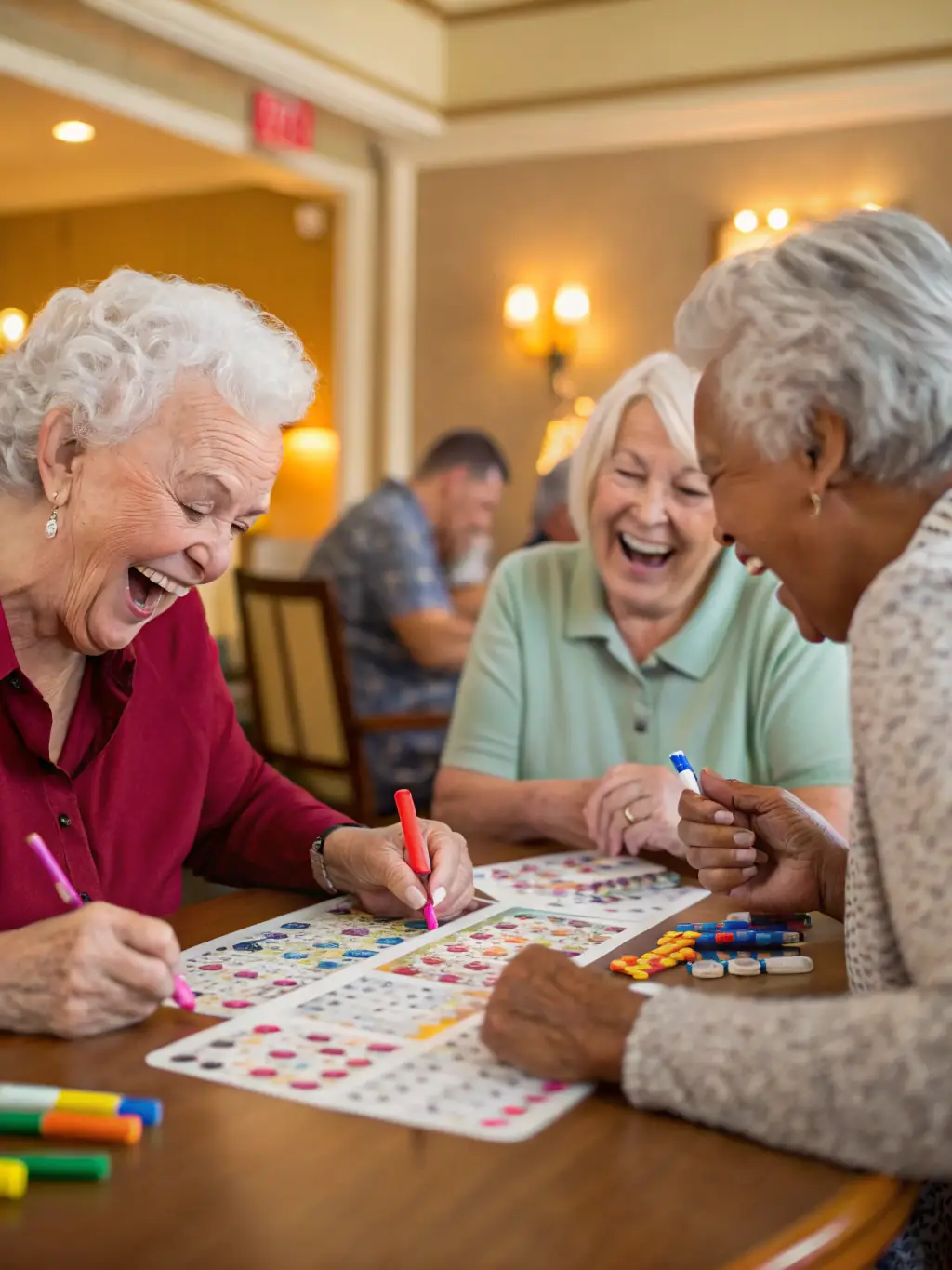 Elderly residents engaging in a lively game of bingo in a communal area, with smiles and laughter evident on their faces at La Compassion.