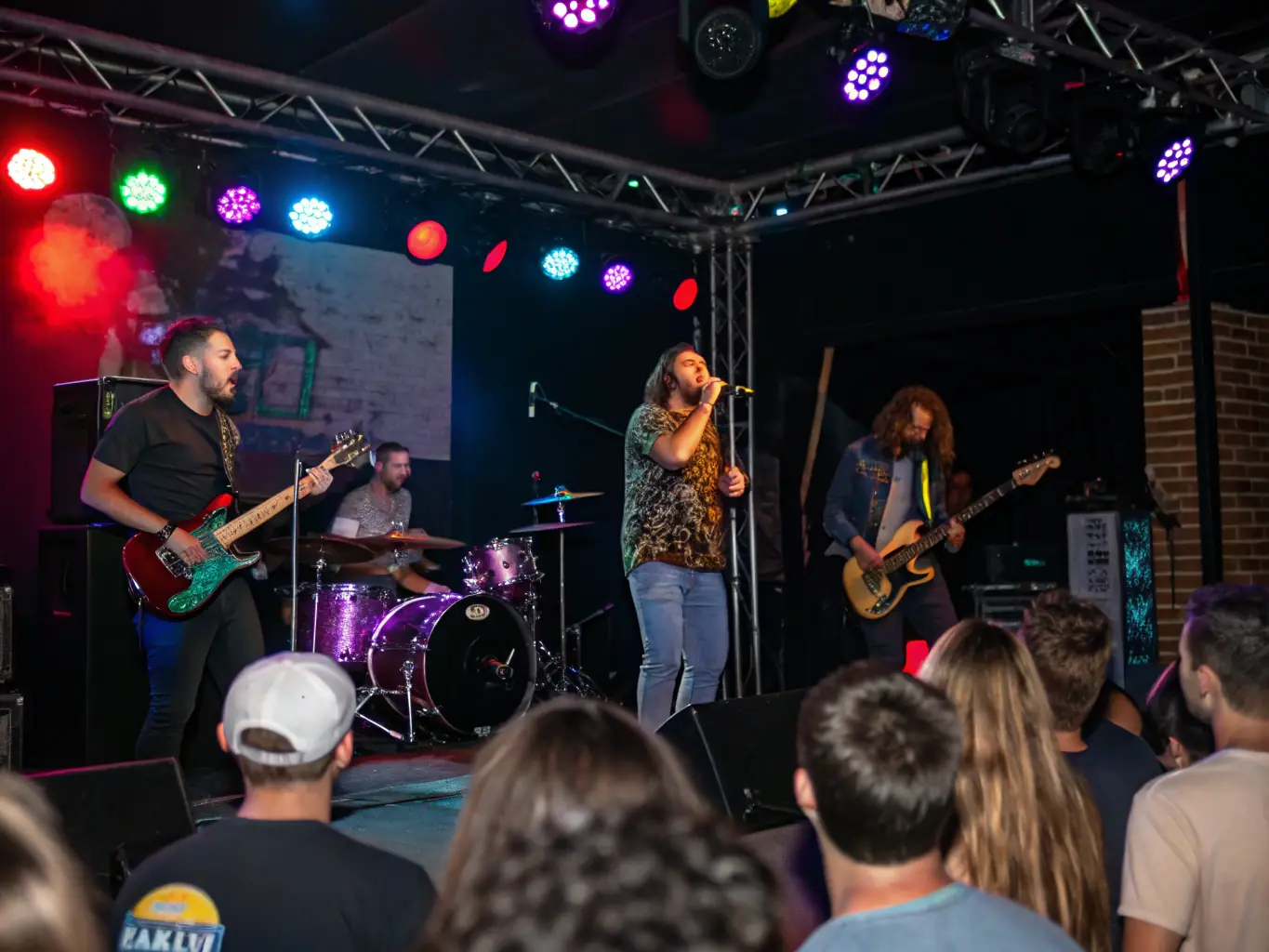 A vibrant photograph capturing a live music performance at a WILD MUSIC PROJECT event, showcasing a diverse group of musicians and an enthusiastic audience.