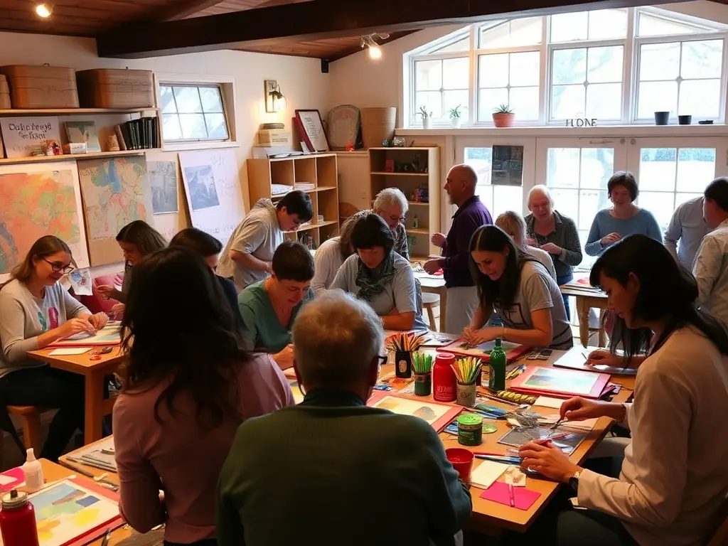 A visually appealing photograph of community members participating in an interactive arts workshop, emphasizing the inclusive and engaging nature of WILD MUSIC PROJECT's community outreach initiatives.