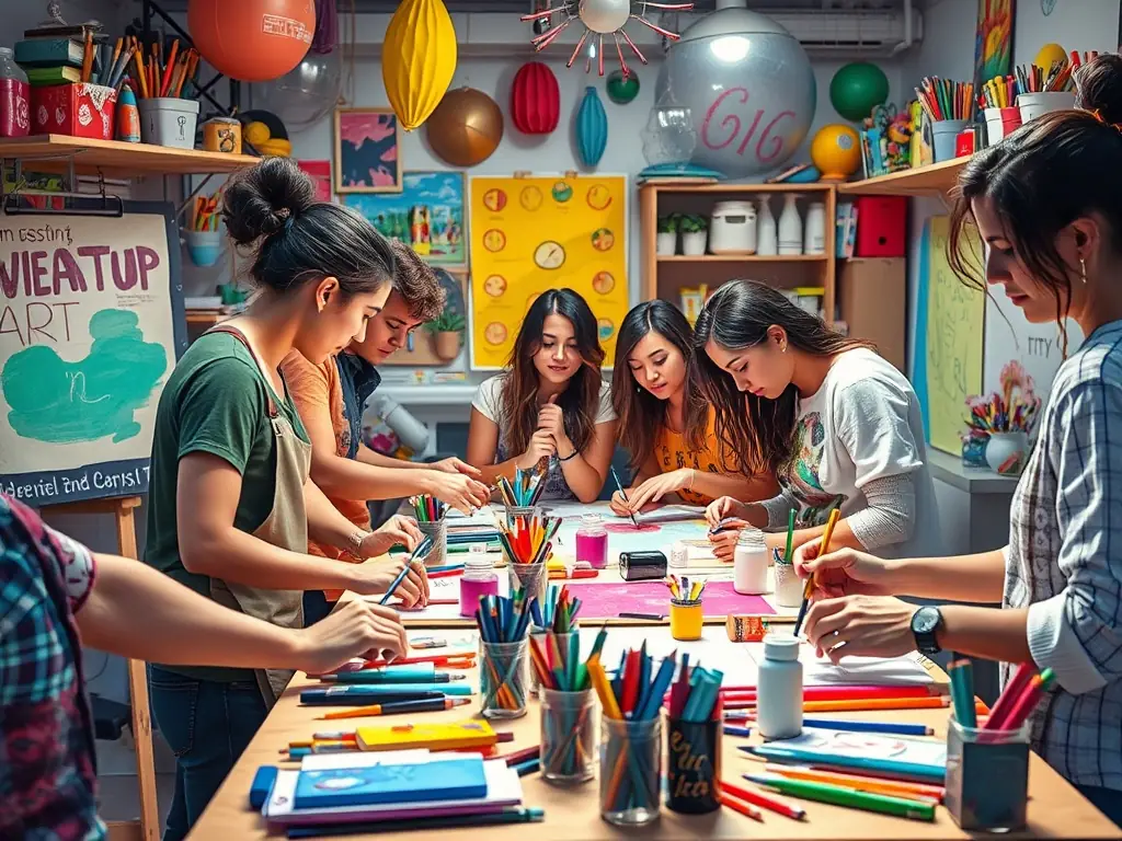A dynamic image of artists collaborating in a workshop setting, highlighting the mentorship and skill-sharing aspects of WILD MUSIC PROJECT's artist support programs.