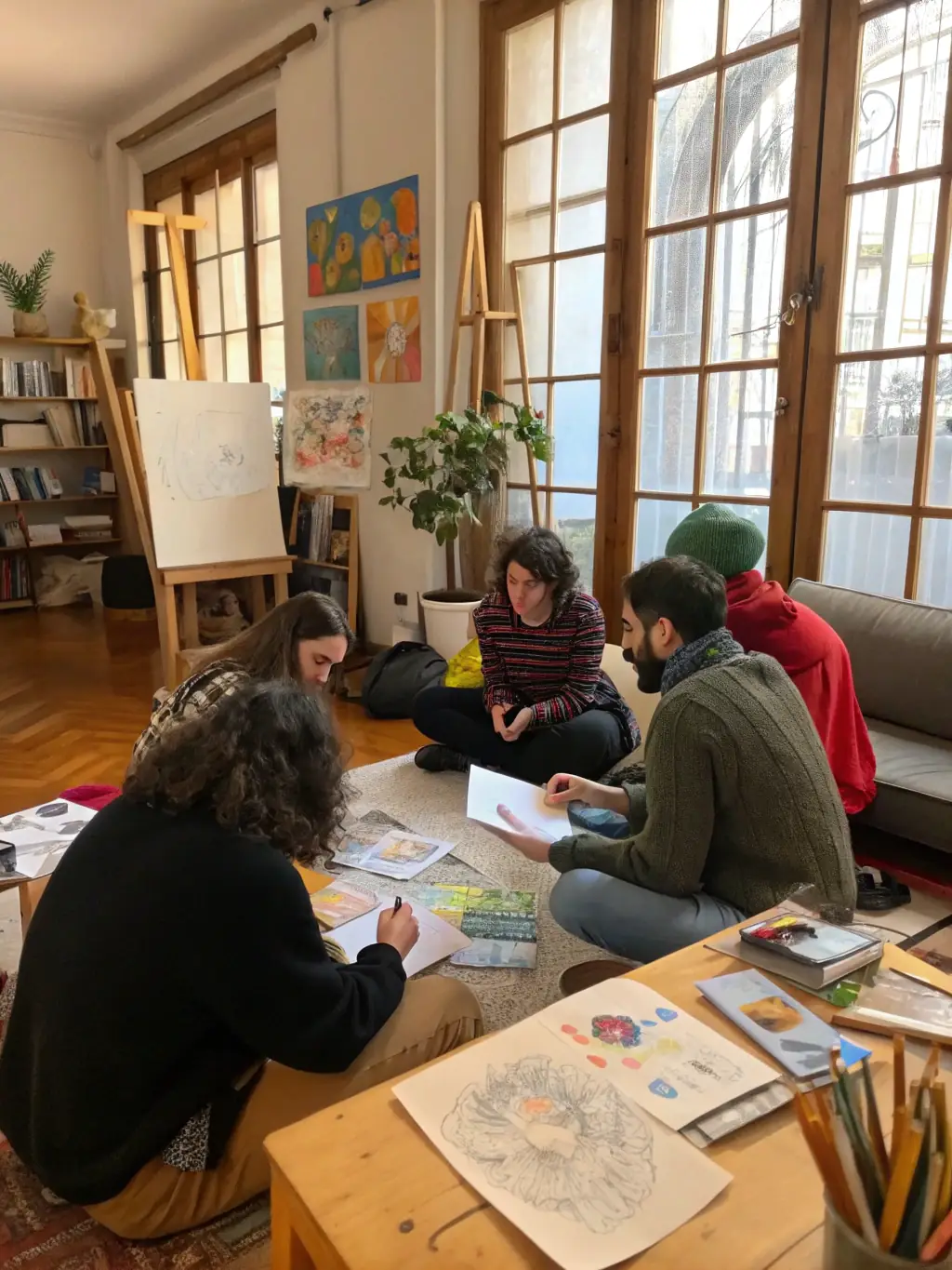 A picture of a group of artists participating in a mentorship program organized by WILD MUSIC PROJECT, showing them engaged in a workshop session.