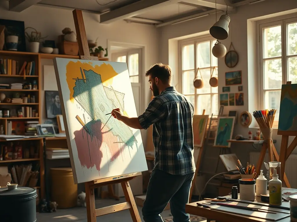 A photograph capturing an artist in action during a workshop, surrounded by participants, showcasing hands-on learning and creative collaboration.