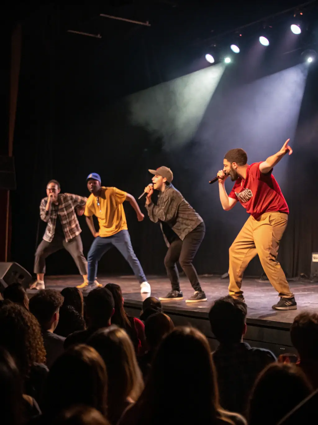 A dynamic image of a performance art piece in progress, capturing the energy and creativity of the event, set in a gallery space.