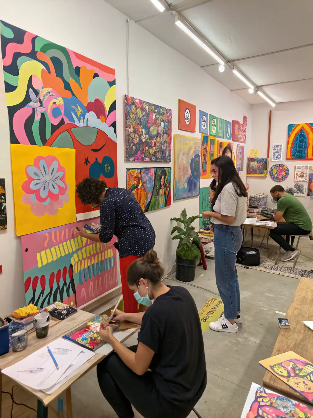 A vibrant image of a workshop in progress, with participants actively engaged in creating art under the guidance of an instructor.