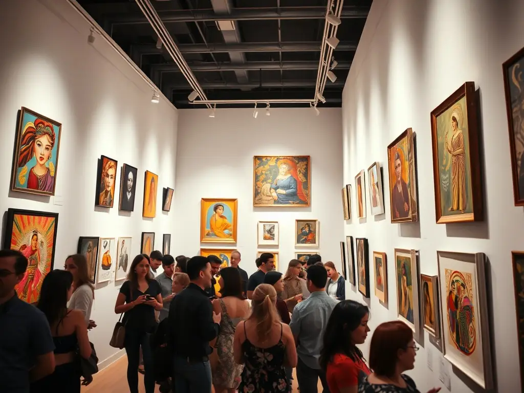A photograph of an art exhibition opening night, featuring artists, curators, and attendees engaging with the displayed artworks.