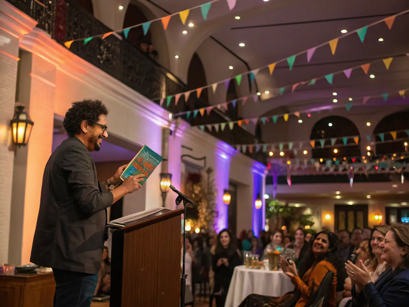 A photograph of a publication launch event, featuring the published artists, editors, and attendees celebrating the release of a new art book.